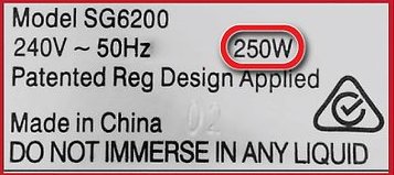 Appliance label showing watt